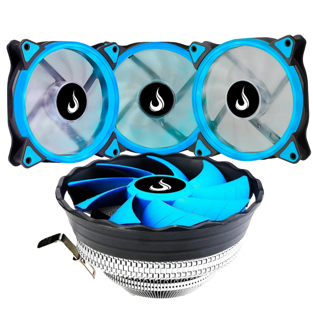 Kit 3 Cooler Fan Led Azul E Air Cooler para Processador Intel Amd Rise Gamer Setup