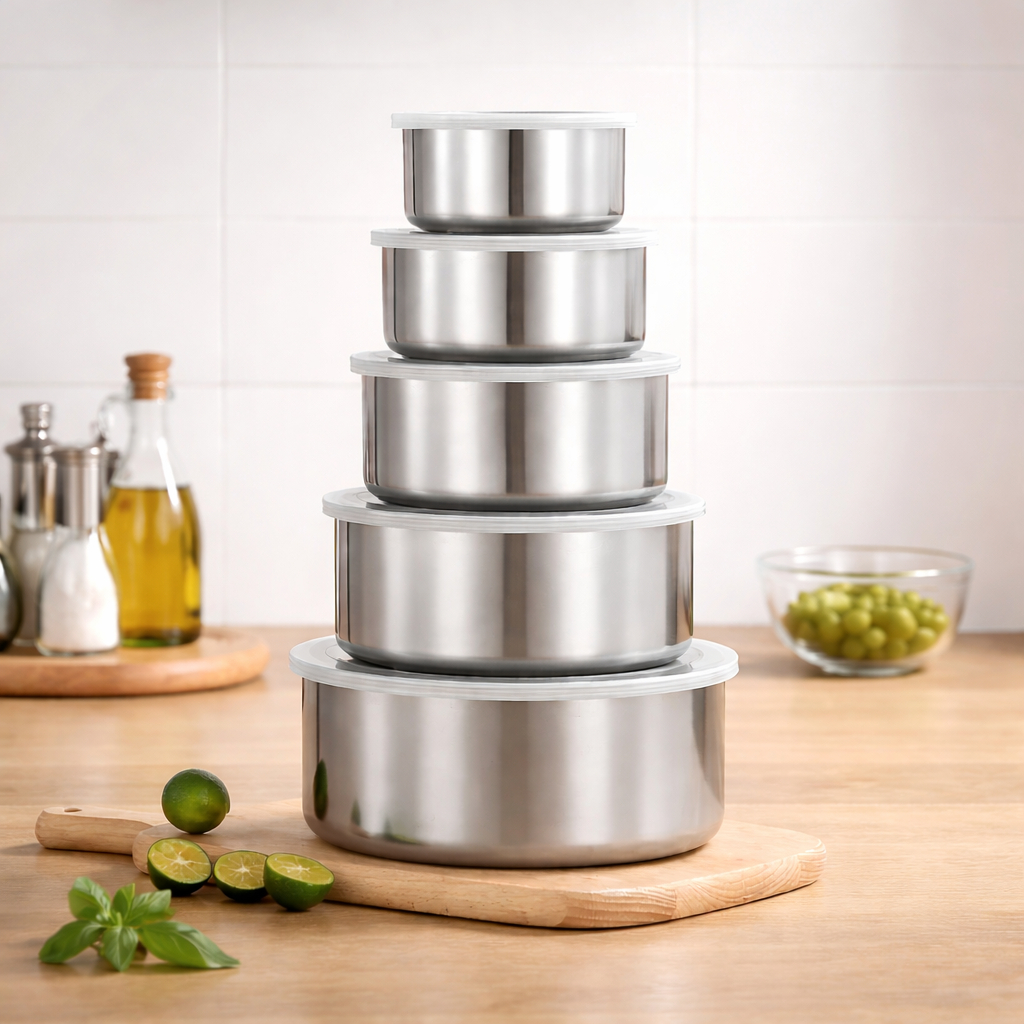 Kit 5 Jogo Potes Tigelas em Inox Alumínio Com Tampa Redondo Para Armazenagem Alimentos