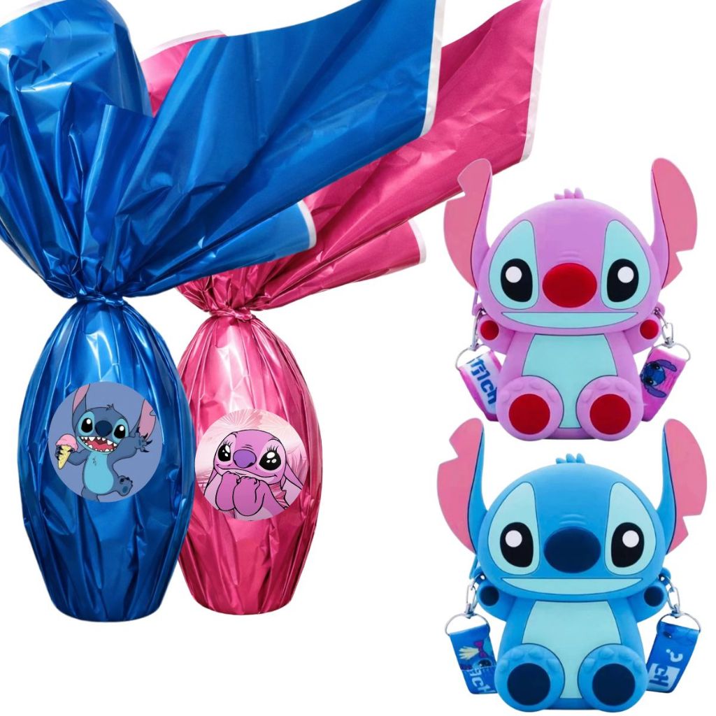 Ovo de pascoa Stitch chocolate ao leite 250g com Bolsinha Infantil Silicone com alça regulável em Oferta na Shopee