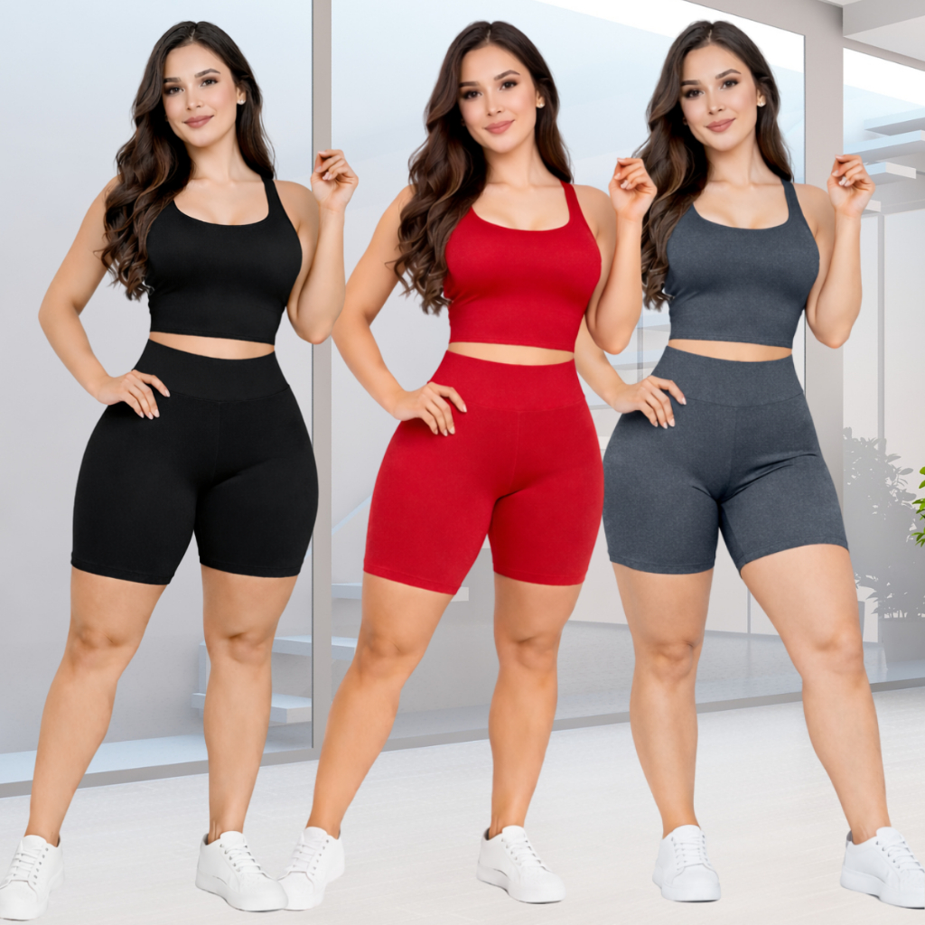 Kit 03 Conjuntos Feminino Short e Coppead de Academia Cintura Alta sem Bolsos Zero Transparência em Oferta na Shopee