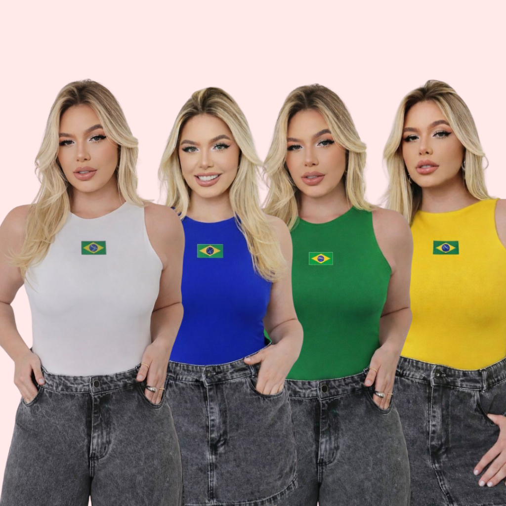 Regata Blusa Feminina Básica Suplex Malha Copa do Mundo Brasil Estampa DTF Confortável Elastano