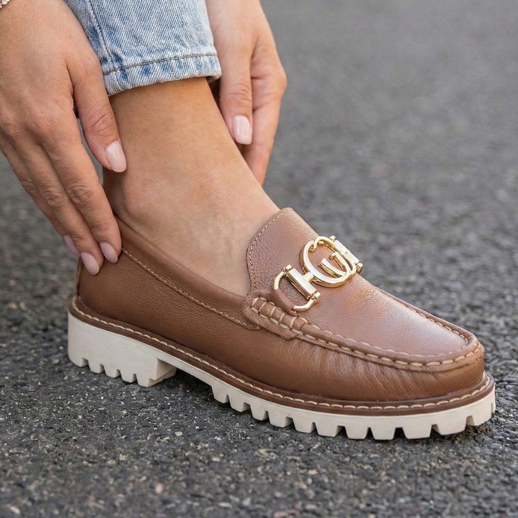 Mocassim Feminino Sola Tratorada 100% Couro Legítimo Macio Estiloso Elegante Várias Cores