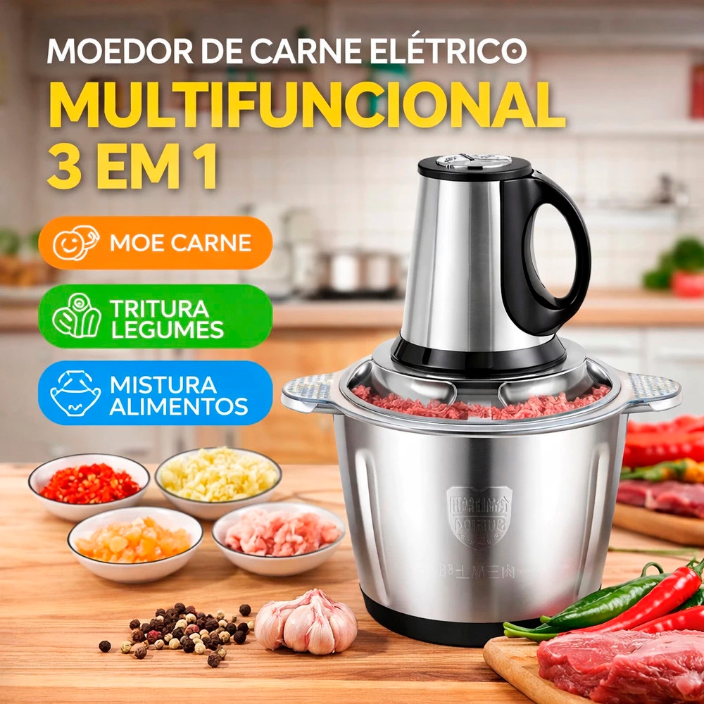 Moedor de Carne Elétrico Multifuncional 3 em 1 p/Carne Legumes e Alimentos – Potente e Fácil de Usar