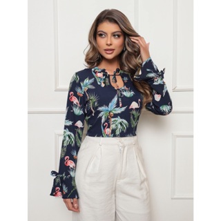 Onlyone - Blusa Feminina Estampa Flamingo Manga Longa Amarração Decote e Manga Tecido Leve Casual Elegante e Confortável em Oferta na Shopee
