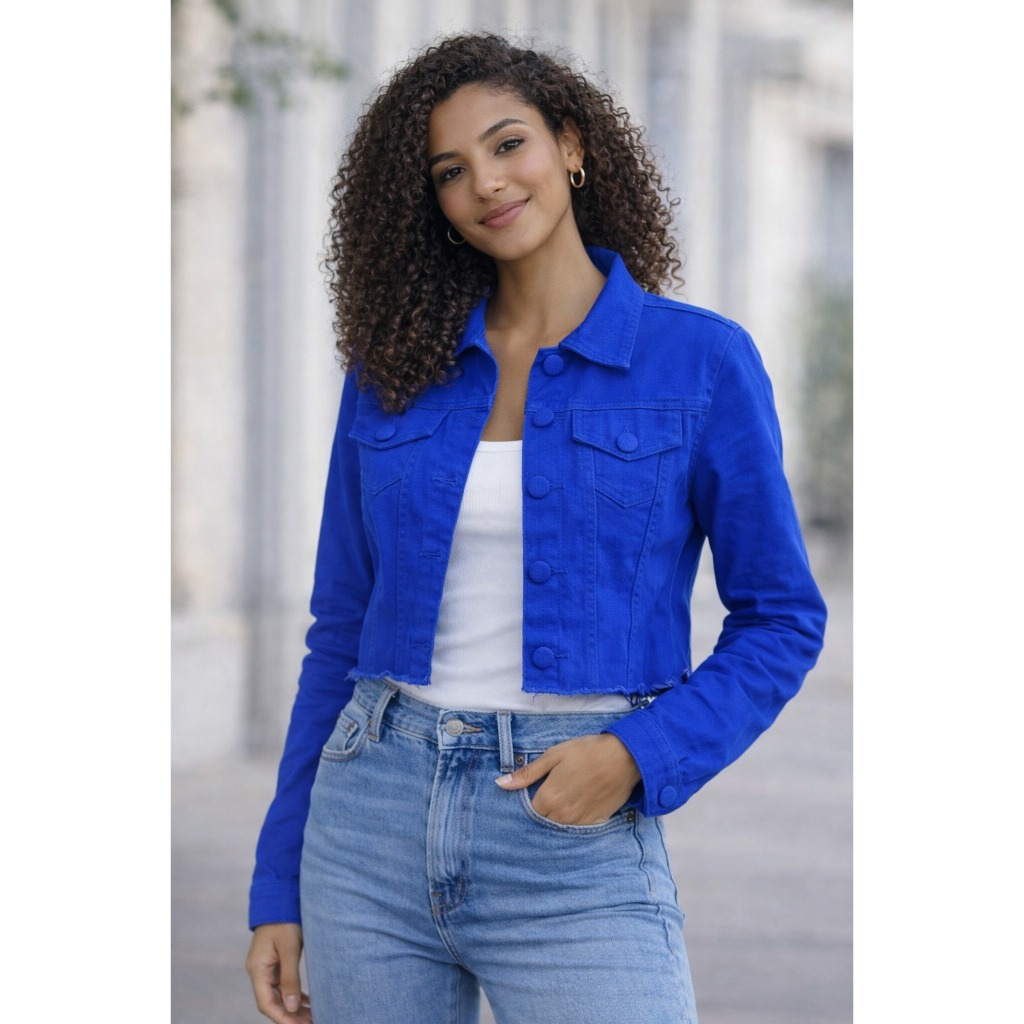 jaqueta jeans colorida barra desfiada em Oferta na Shopee