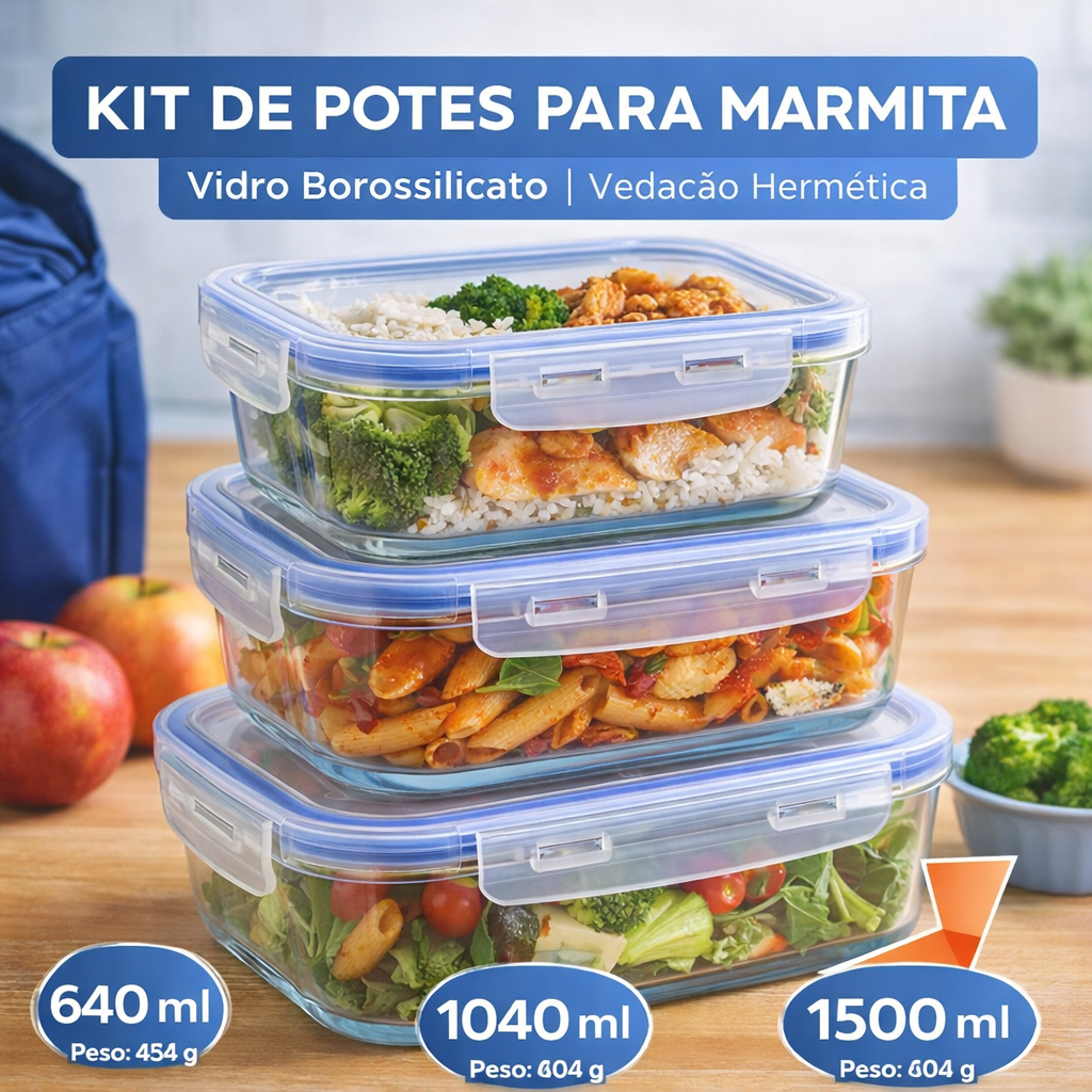 Kit Jogo Pote Hermético Marmita Vidro Tampa Trava 640ml 1040ml 1500ml Premium Fitness