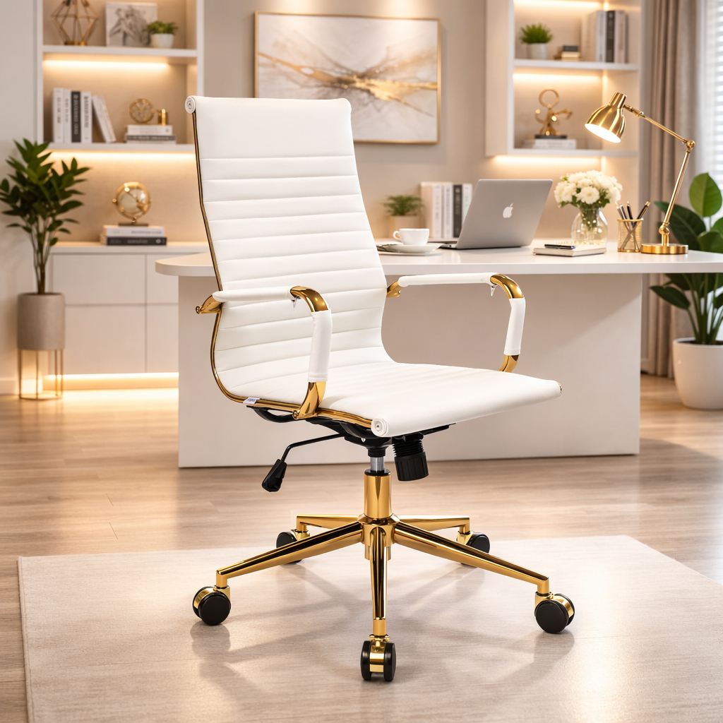 Cadeira de Escritorio Presidente Branca e Dourada Pés Dourados Escritório Advocacia Consultorio Dentista Medico Advogado