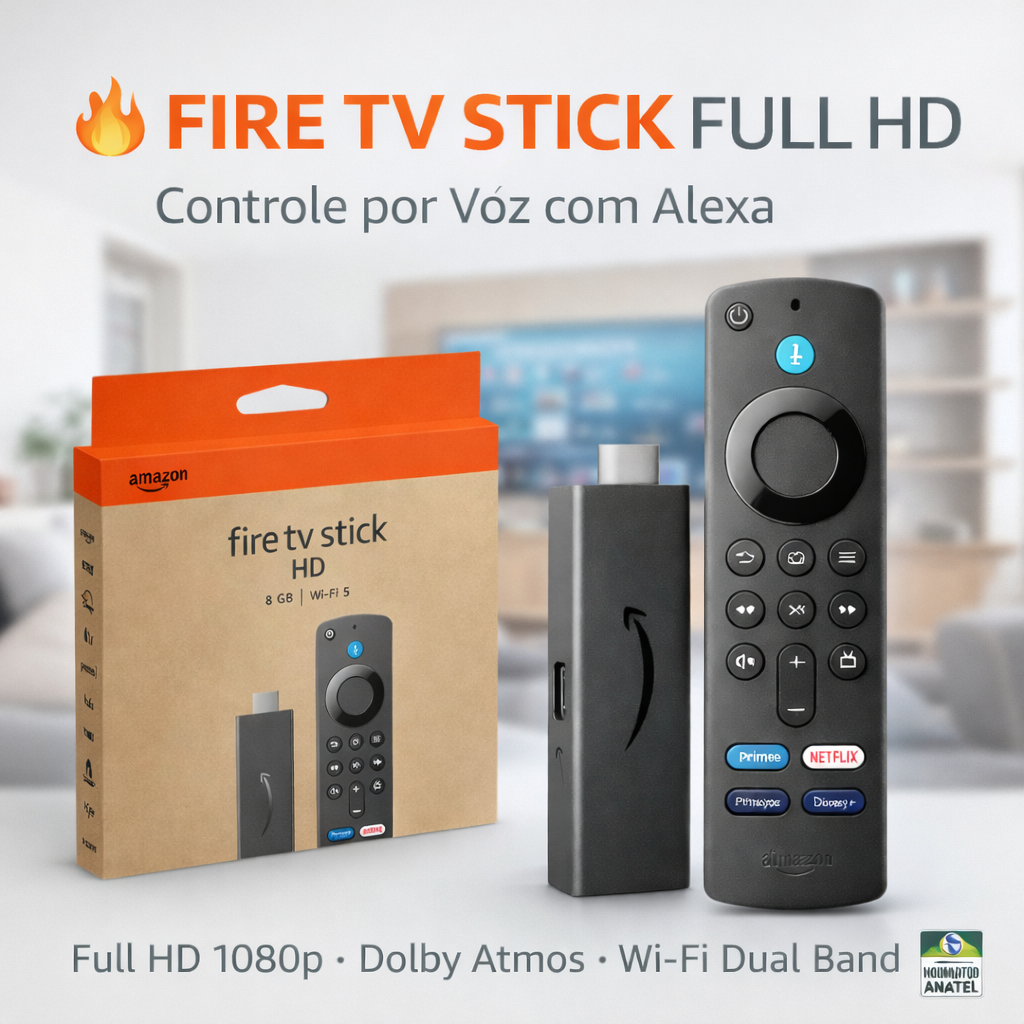 Fire TV Stick Full HD, com Controle Remoto por Voz com Alexa | 8GB Quad-Core 1,7 GHz Wi-Fi