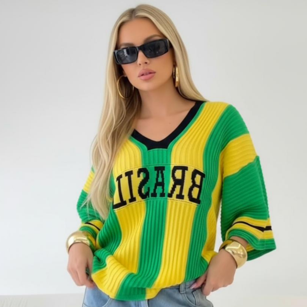Camisa Brasil Cropped Oversized Tricot Feminina Decote V Básico Copa Do Mundo Blusa Seleção