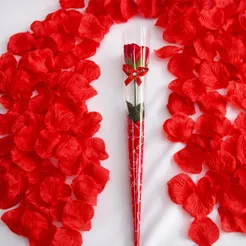 Kit Romântico com 1 Rosa Artificial Vermelha + 100 Pétalas Decorativas