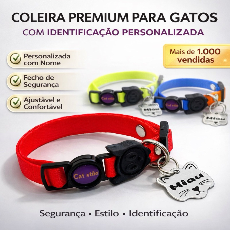 Coleira para Gato com Identificação Personalizada | Nome e Telefone | Fecho Antienforcamento