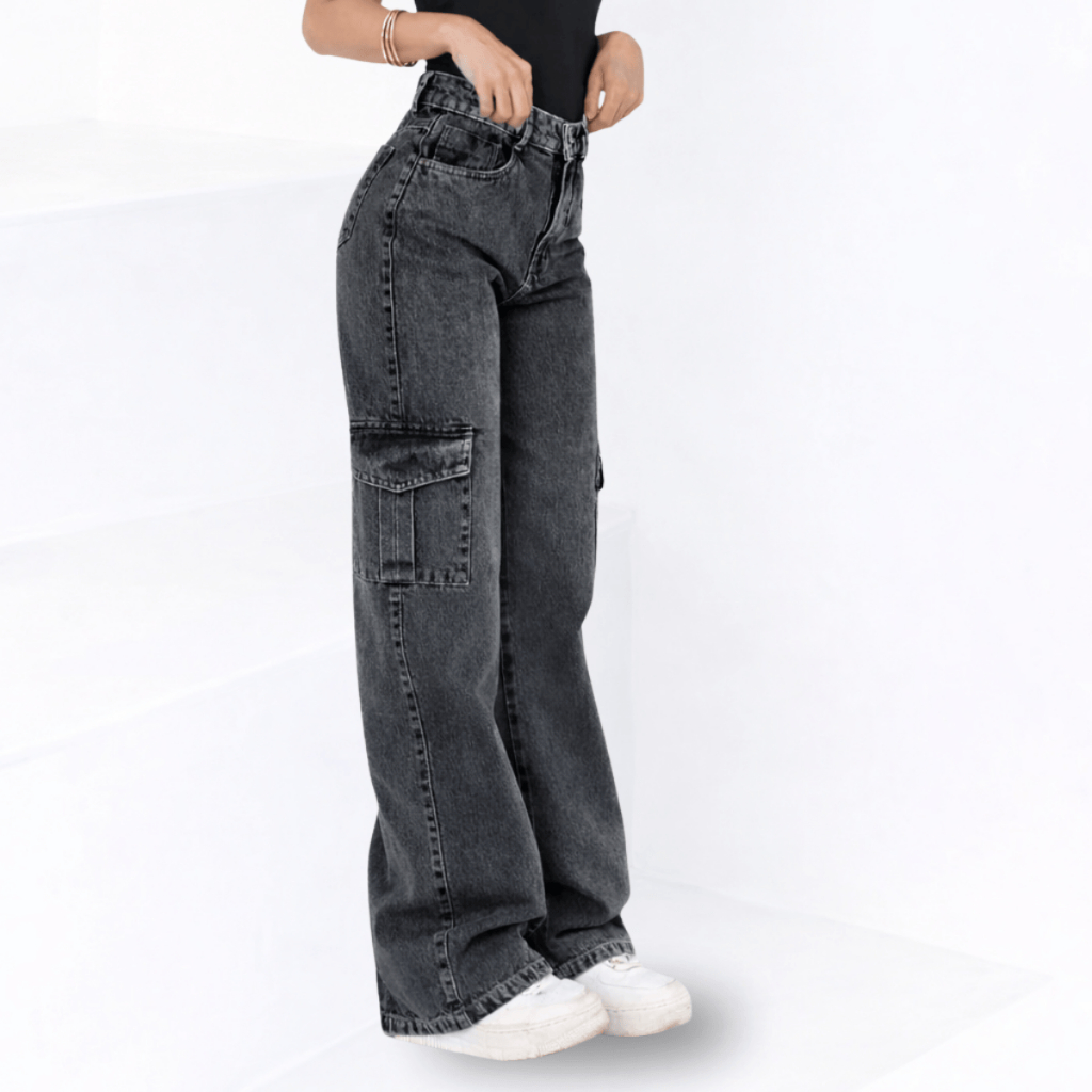 Calça Jeans Wide Leg Cargo Marmorizada Preta Cintura Alta Pantalona 100% Modelagem Empina Bumbum