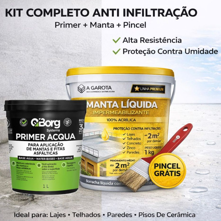 Kit Borracha Líquida 1kg + Primer Aderencia 1L + Pincel Grátis Anti Infiltração Lajes Telhados Pisos