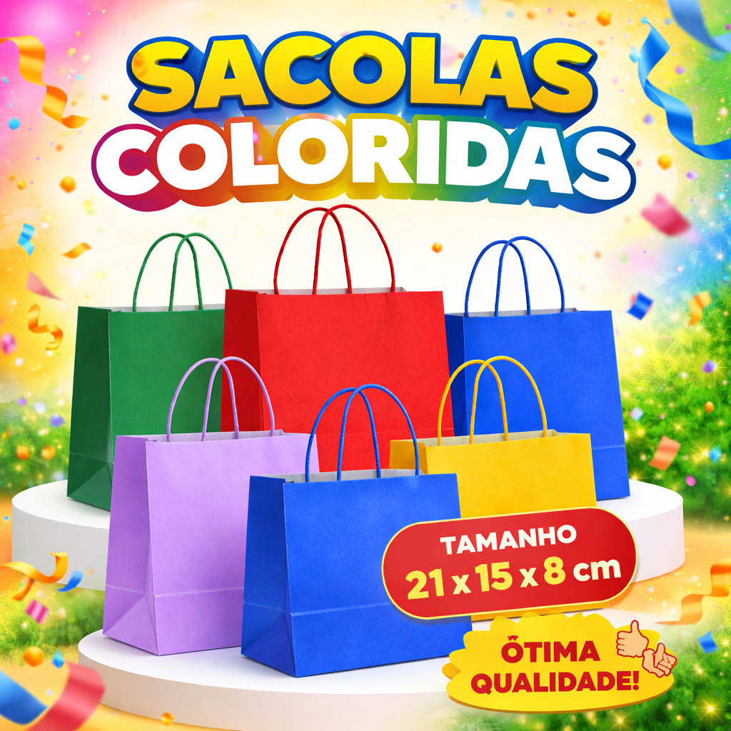 SACOLAS DE PAPEL COLORIDAS 5 CORES Festa Aniversario Eventos Lembrancinhas Kraft em Oferta na Shopee