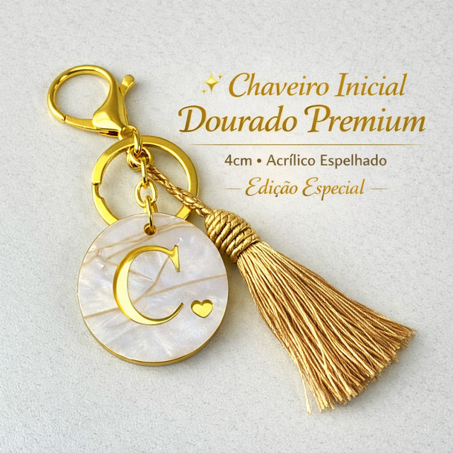 Chaveiro Inicial Dourado Acrílico Espelhado 4cm com Tassel Premium Personalizado Letra A-Z