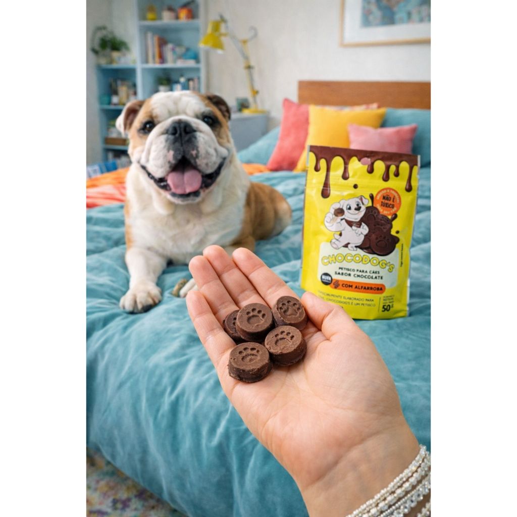 Petisco sabor chocolate com Alfarroba pra cachorro; cães; dogs; Sachê formato Pastilha 50g; Sobremesa Pet; Não Tóxico