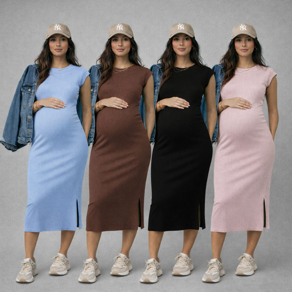 Vestido Midi Tubinho Gestante Muscle Tee Canelado/Ribana com Fenda para Gravida Regata Borboleta Elegante Casual Festa em Oferta na Shopee