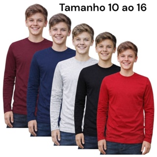 kit 5 camisas manga longa masculina juvenil 100% algodão básica lisa casual do 10 ao 16 em Oferta na Shopee
