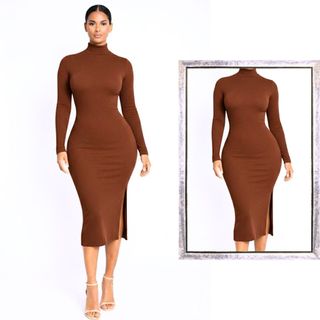 Vestido Feminino Midi Manga Longa Gola Alta Estilo Tubinho