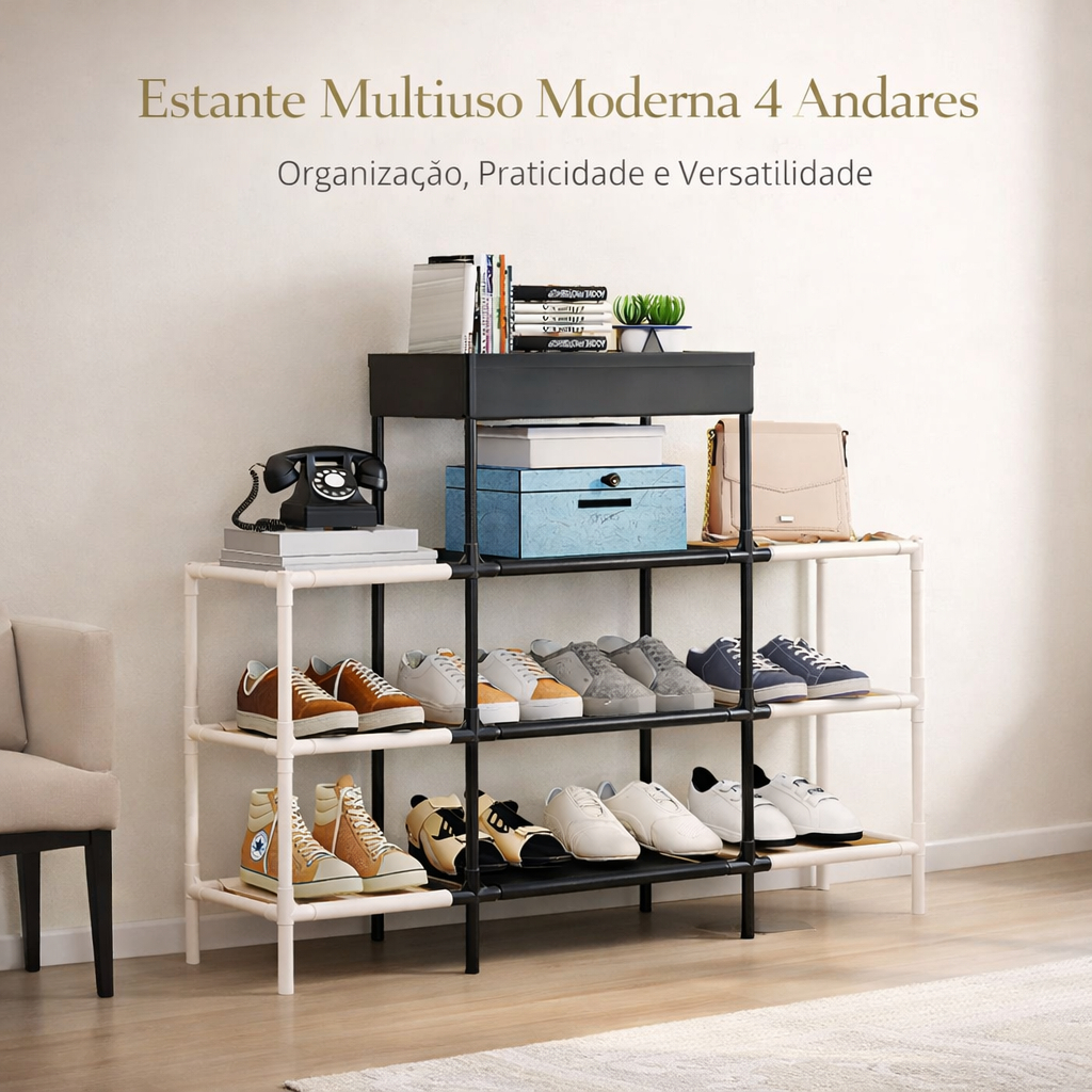 Estante Multiuso 4 Andares, Organizador Modular Quarto, Closet, Hall, Lavanderia, Sapateira