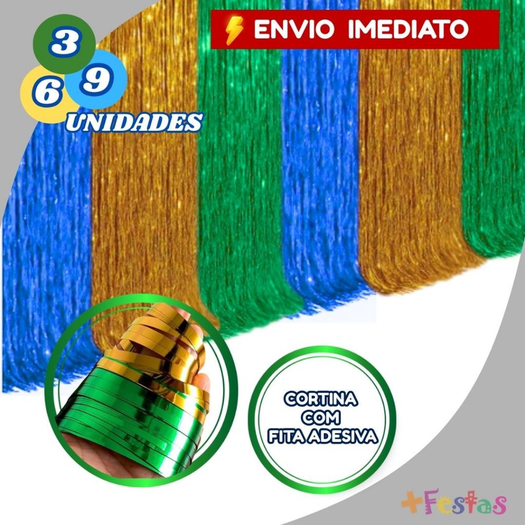 3/6/9 Cortina Metalizada para Pendurar Decoração Brasil Verde Amarelo Azul Copa Futebol