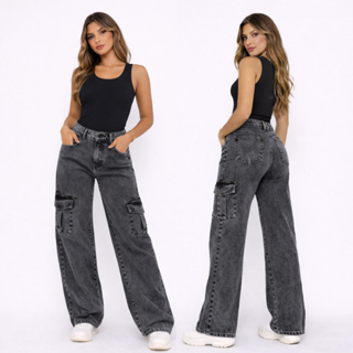 Calça Cargo Jeans Feminina Wide Leg Marmorizada Preta Com Cintura Alta e 6 Bolsos Funcional em Oferta na Shopee