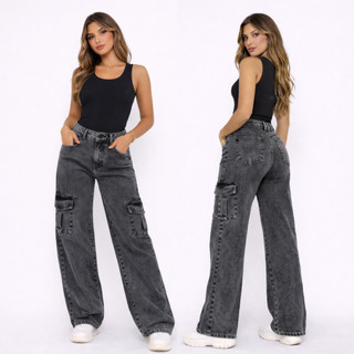 Calça Cargo Wide Leg Jeans Feminina Marmorizada Preta Com Cintura Alta