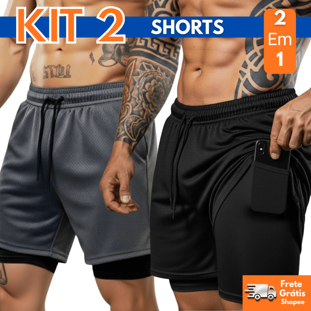 Kit 2 Bermudas Masculinas 2 em 1 Academia com Bolso Interno – Shorts Forrados interno Compressão