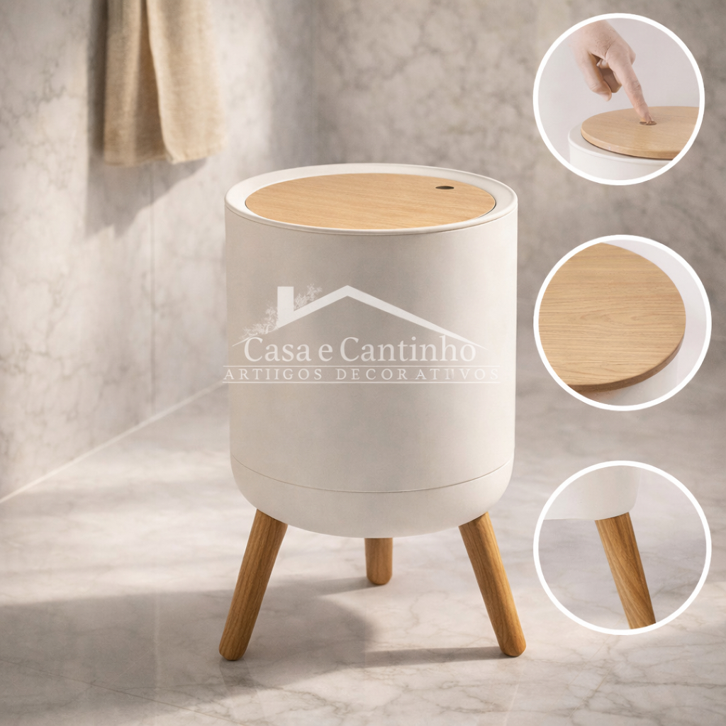 Lixeira Branca De Plástico 7 Litros Com Pés De Bambu Tampa Click De Pressão Cozinha Banheiro em Oferta na Shopee