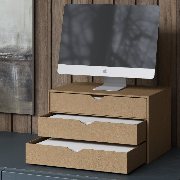 Suporte Para Monitor Com 3 Gavetas Para Folha A4 Guardar Documento Sulfite Pastas Escritório MDF Cru