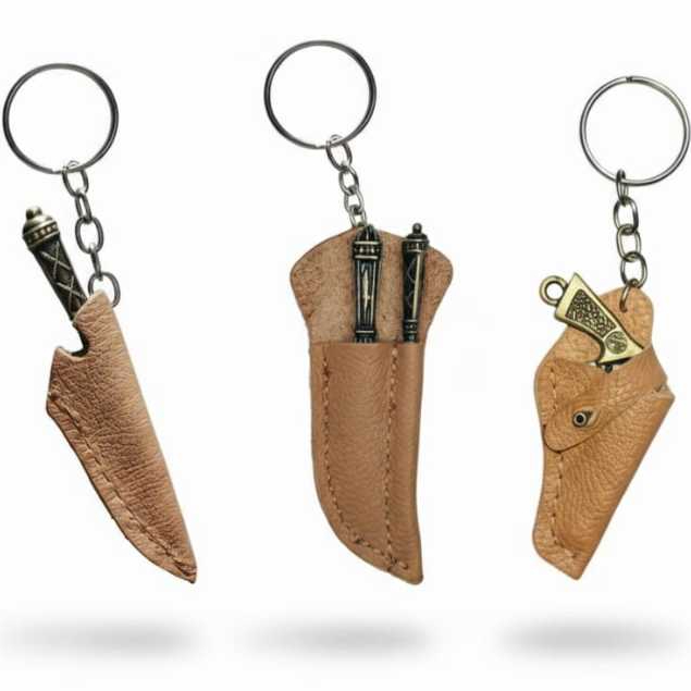 Kit 3 Chaveiros Miniatura - Faca, Faca e chaira e Pistola em Couro Legítimo - Coleção Completa
