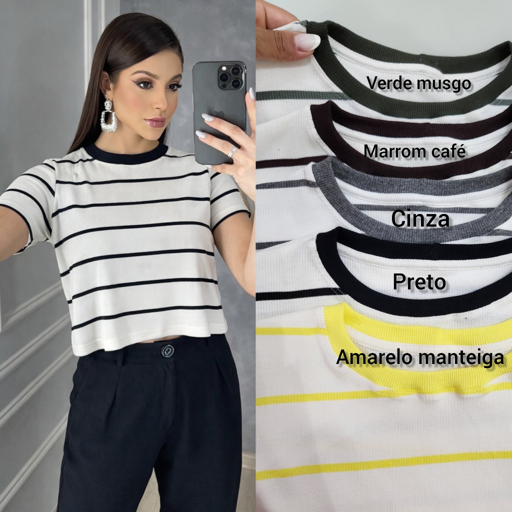 Blusa Feminina Cropped Listrada Ribana Canelada Manga Curta T-Shirt Casual Premium
