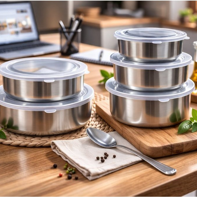 Jogo 5 Potes Tigelas em Inox Alumínio Com Tampa Redondo, resistente e fácil de limpar