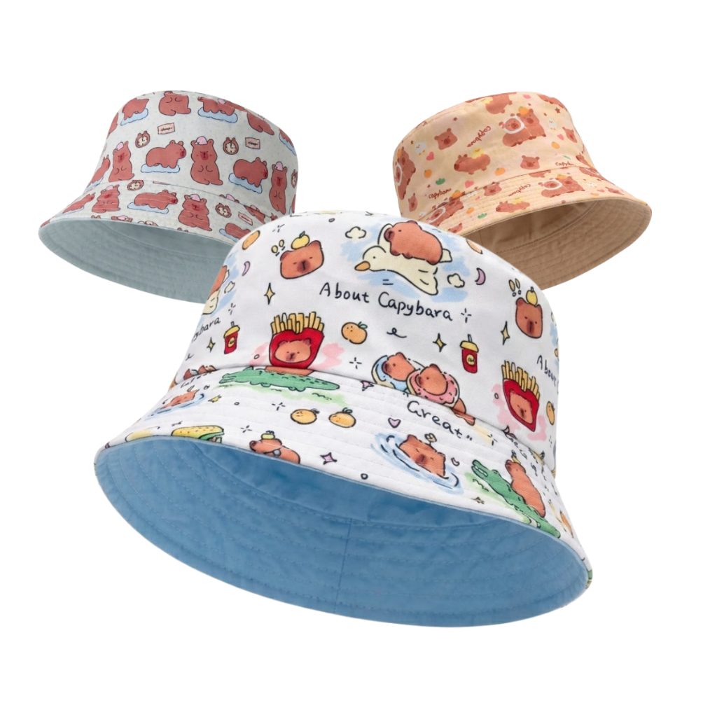 Chapéu de praia Infantil Capivara Dupla-Face Bucket Infantil Menina Chapéu de praia Feminino
