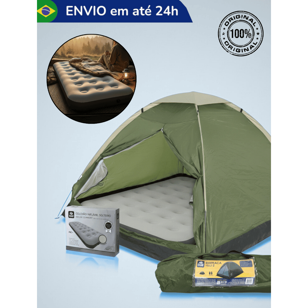Barraca 2 lugares Pessoas de Acampamento Impermeável Resistente a Chuva Grande + Colchão de Ar Inflável Solteiro
