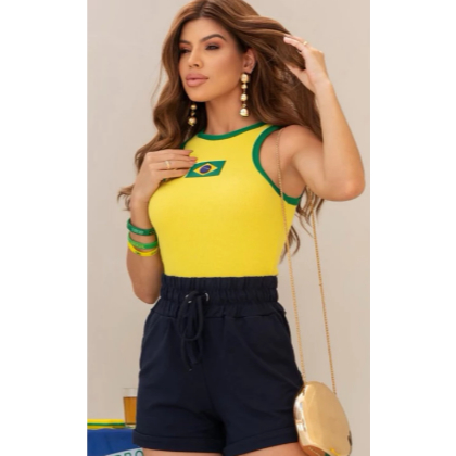 Regata em Ribana Canelado Brasil Copa do Mundo 2026 - Bordado Bandeira - Feminina Verão Tendência