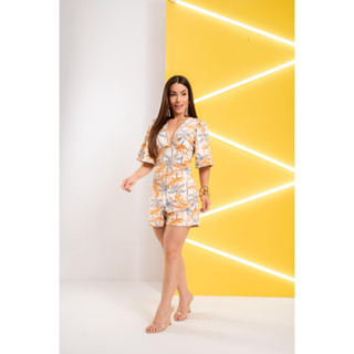 Macaquinho Feminino Gola em V Manga Fler Tendência Liso Estampado Confortável Macacão Curto Malha em Oferta na Shopee