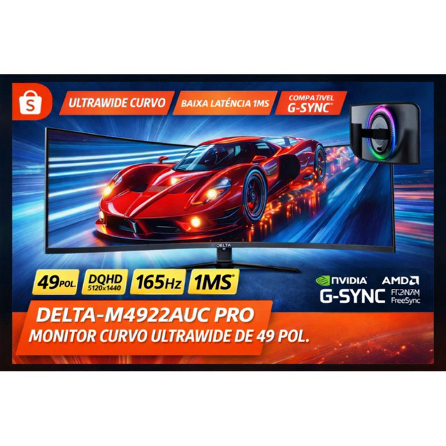 Monitor Gamer LED Curvo/Plano Ultrawide Até 49” com Alto-falantes | Várias Opções — R$ 1.158,00 em Shopee