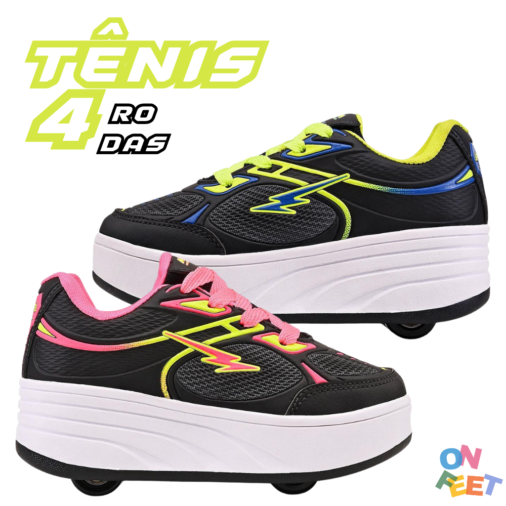 Tênis Infantil Menina Menino com Quatro Rodas Estilo Patins e Ajuste em Cadarço - Minipé