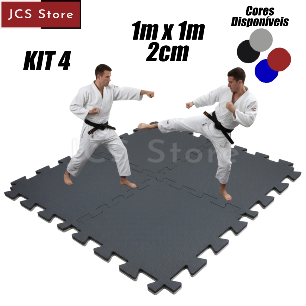 Kit 4 Tatame EVA 1x1m 2cm Dupla Face Preto e Cinza | Piso para Academia, Lutas, Cross Training e Área Infantil