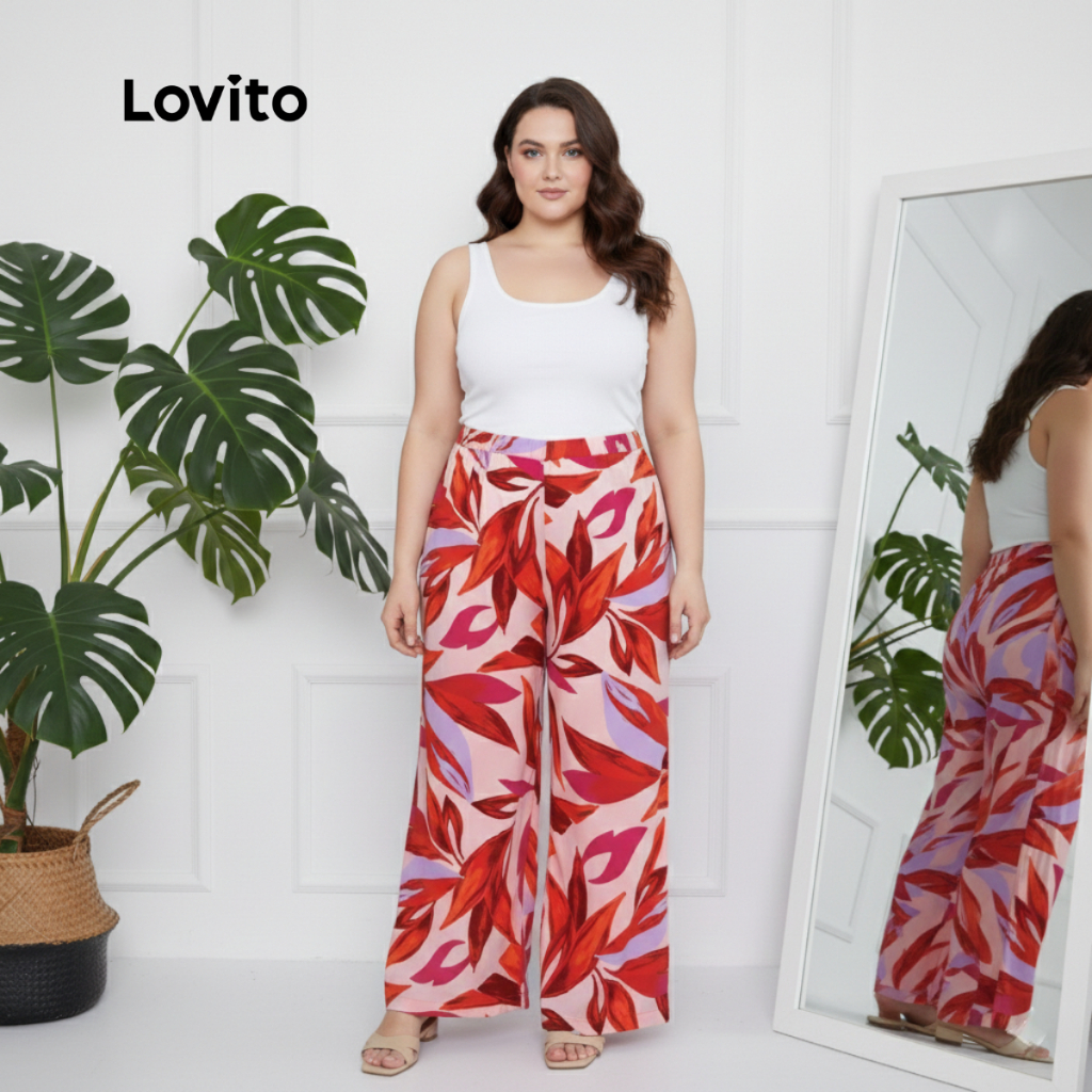 Lovito Bossa l Calça Feminina Plus Size em Viscose Estampa Folhagens Coloridas BRPTB1258BRL1288 em Oferta na Shopee