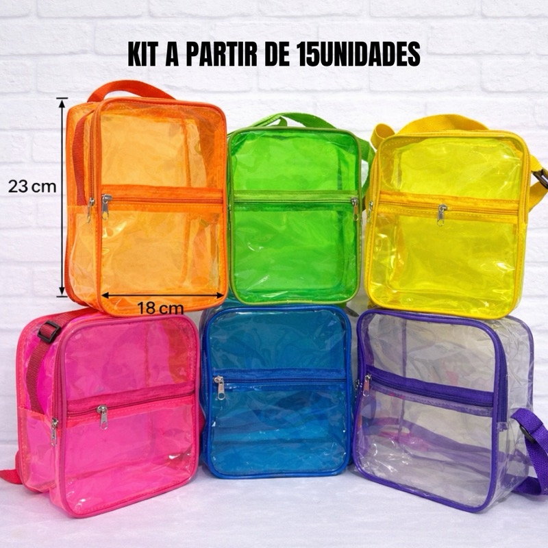 KIT COM 15 20 25 30 BOLSINHAS lembrancinha modelo co m zíper e alca regulável, confeccionadas em plástico cristal