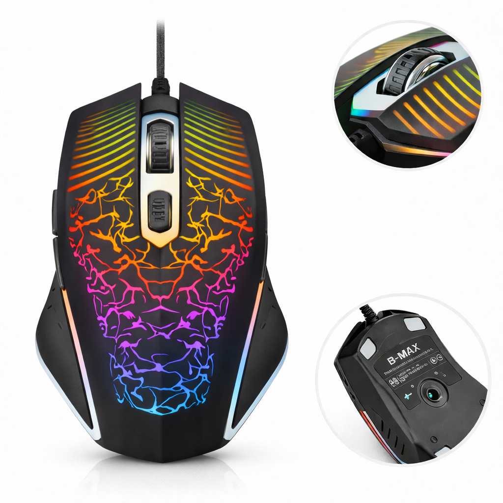 Mouse Gamer USB RGB 3600 DPI 6 Botões Ergonômico Original B-MAX