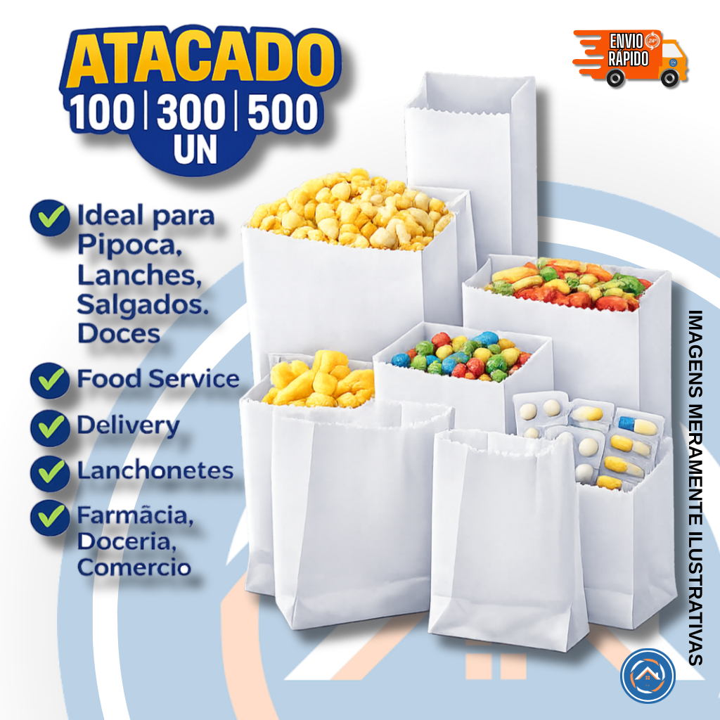 Saco de Papel Branco para Pipoca, Hot Dog e Lanches |ATACADO 100, 300 e 500un Delivery e Lanchonete em Oferta na Shopee