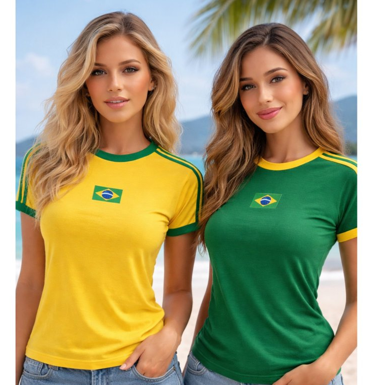 Kit 2 Camisa do Brasil Bandeira Feminina Baby look Estampada Algodão