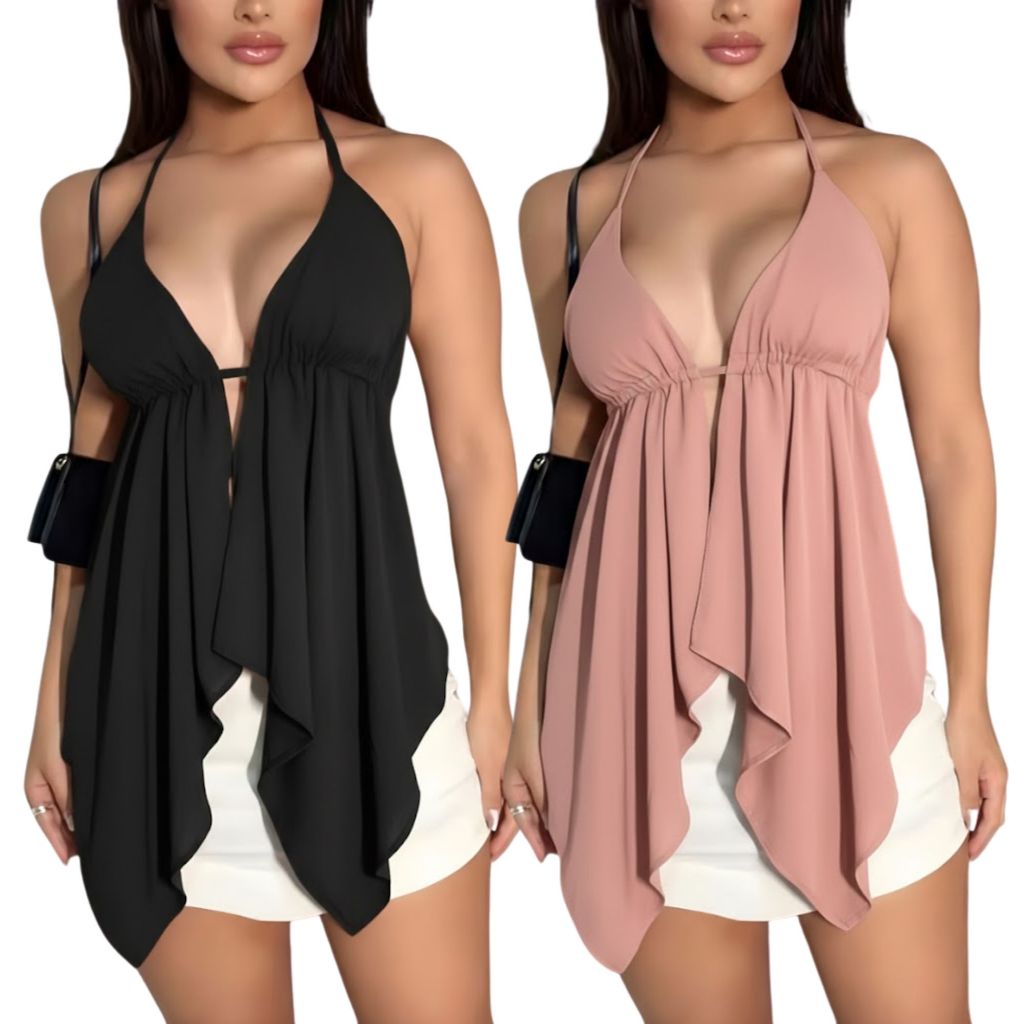 KIT 2 Cropped Malibu Blusinha Frente Única Costas Nua Babado com Bojo Amarração Tamanho Único