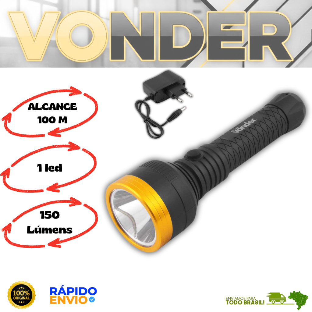 Lanterna Recarregável De Led 150 Lúmens 100M De Alcance Vonder Premium Resistente Oferta