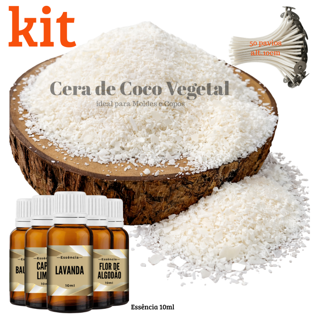 Kit Cera de Coco (Escamas) 0,5kg + Essencia 10ml + 50 Pavios