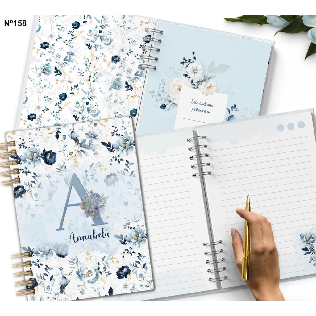 Caderno Personalizado Alfabeto Floral Azul - Capa dura Laminada 200 páginas