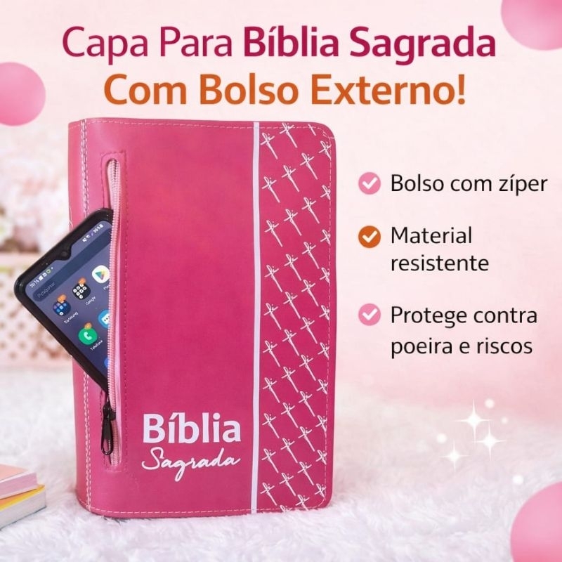 Capa Para Bíblia Sagrada Com Zíper e Bolso Externo Sintético